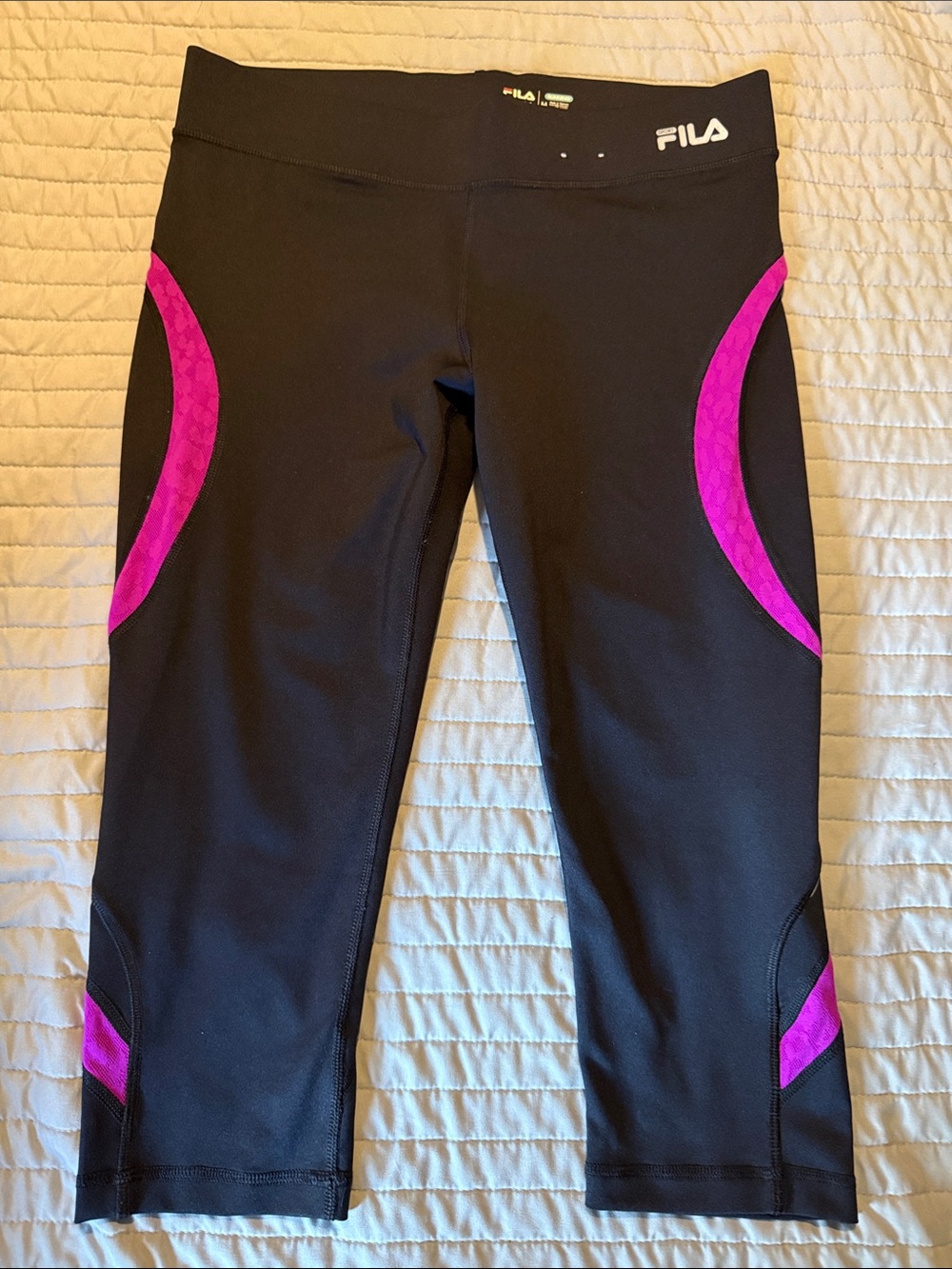 FILA Black Running Leggings with Bright Pink Panels